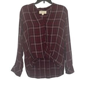Cloth & Stone Blouse Maroon Pink Plaid Rayon M High Low Front Tie Button Up Top